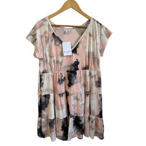 Love Fire Tie Dye Tiered Mini Dress Charcoal Pink V-Neck XL NEW Boho Babydoll